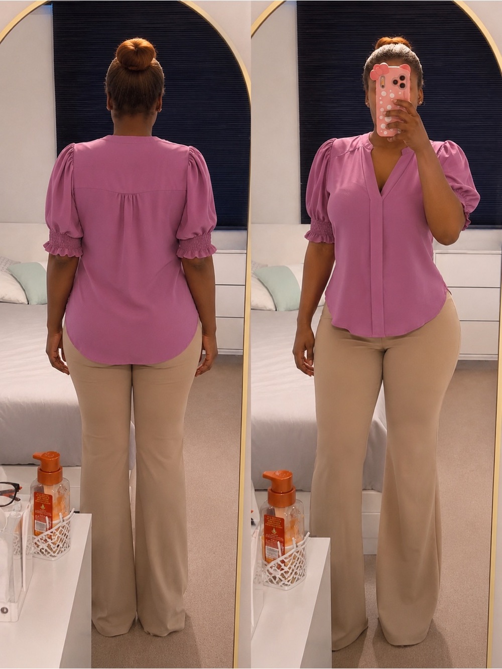 Women's Puff-Sleeve V-Neck Blouse in Mauve